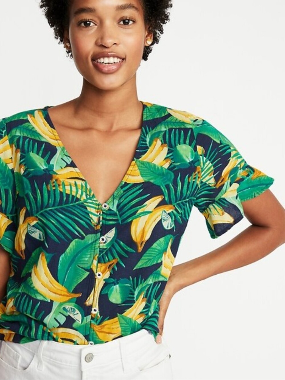 Old Navy Green Yellow Tropical Banana Lime Print Button-Front Cotton Linen Top M
